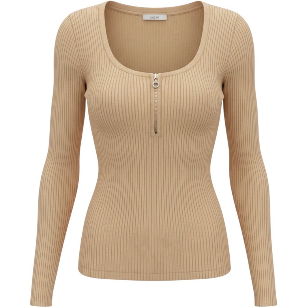 Vintage Cache Ribbed Knit Zipper Top Size M Tan